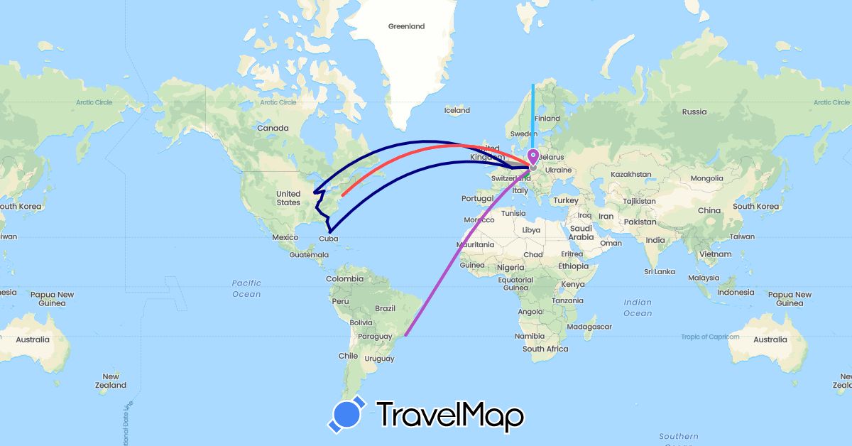 TravelMap itinerary: driving, bus, plane, train, hiking, boat in Austria, Brazil, Czech Republic, Germany, Netherlands, Norway, Poland, United States (Europe, North America, South America)